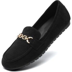 Dream Pairs Women Black-suede Faux Leather Lightweight Arch Support Slip On Flat